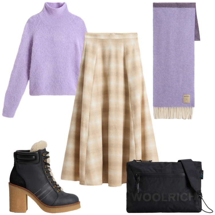 Outfit donna - Woolrich and the Office. Stile Trendy per Ufficio. Abbinamento con gonne lunghe, stivaletti, sciarpe, borse a tracolla, maglieria.