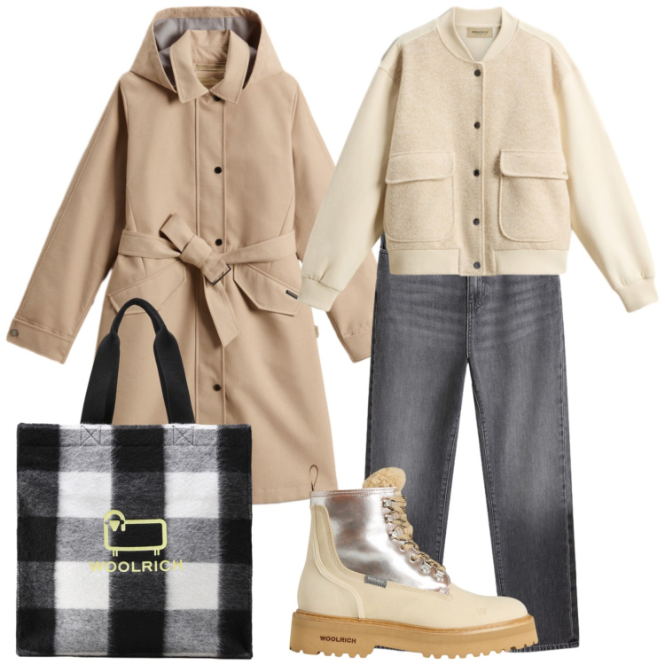 Outfit donna - Woolrich se piove. Stile Casual chic per Tutti i giorni. Abbinamento con jeans, felpe, anfibi, borse tote, trench.