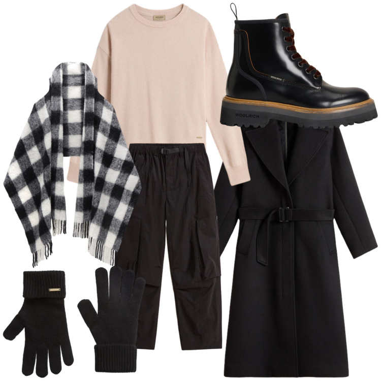 Outfit donna - Woolrich total look. Stile Urban per Tutti i giorni. Abbinamento con anfibi, cappotti, sciarpe, pantaloni cargo, maglieria, guanti.