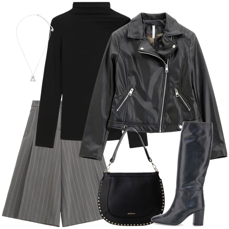 Outfit donna - I bermuda e il chiodo. Stile Trendy per Scuola/Università. Abbinamento con pantaloni, blazer, pullovers, borse a spalla, ciondoli, stivali.