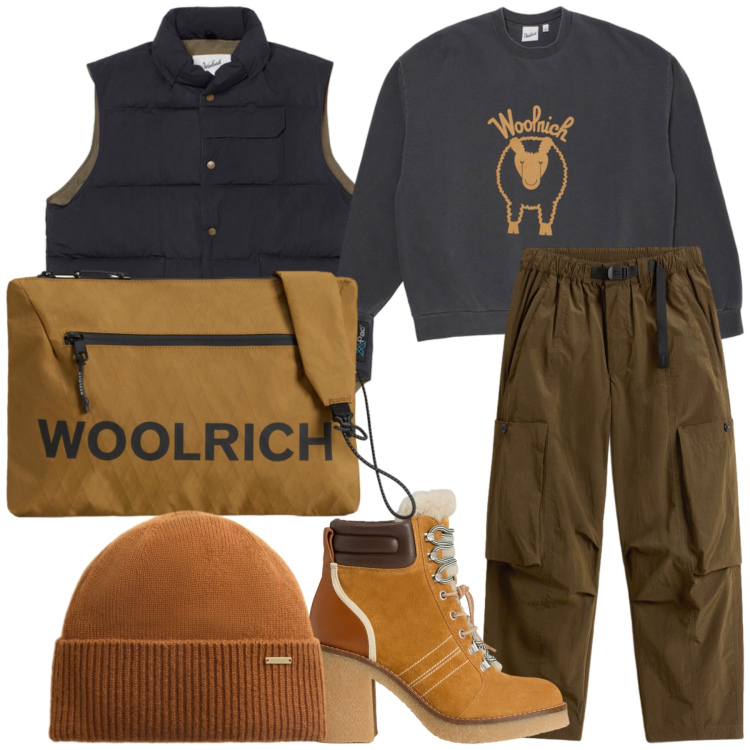 Outfit donna - Woolrich in gilet. Stile Casual per Tutti i giorni. Abbinamento con stivaletti, borse a tracolla, pantaloni cargo, berretti, felpe, gilet.