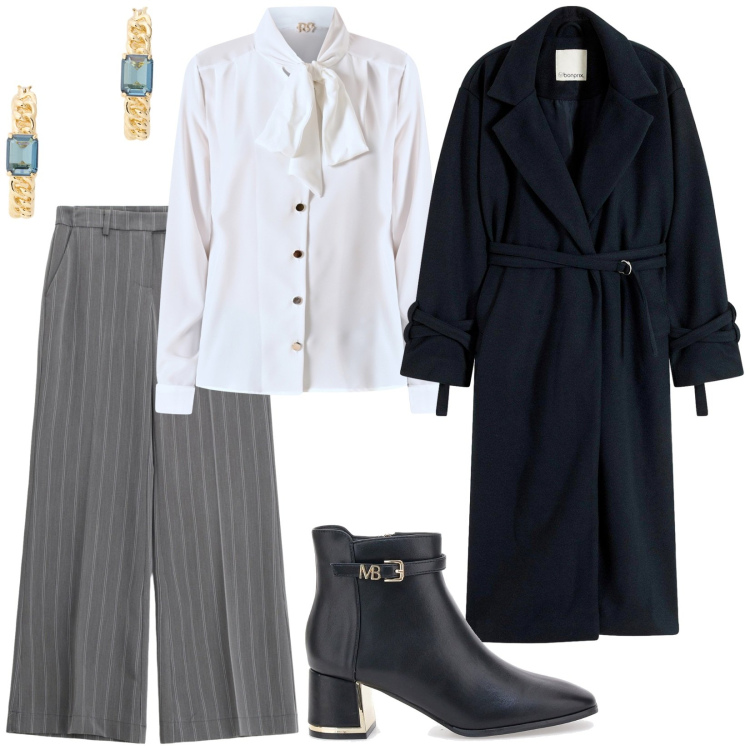 Outfit donna - Pantaloni gessati. Stile Chic per Ufficio. Abbinamento con cappotti, bluse, pantaloni a palazzo, orecchini, stivaletti.