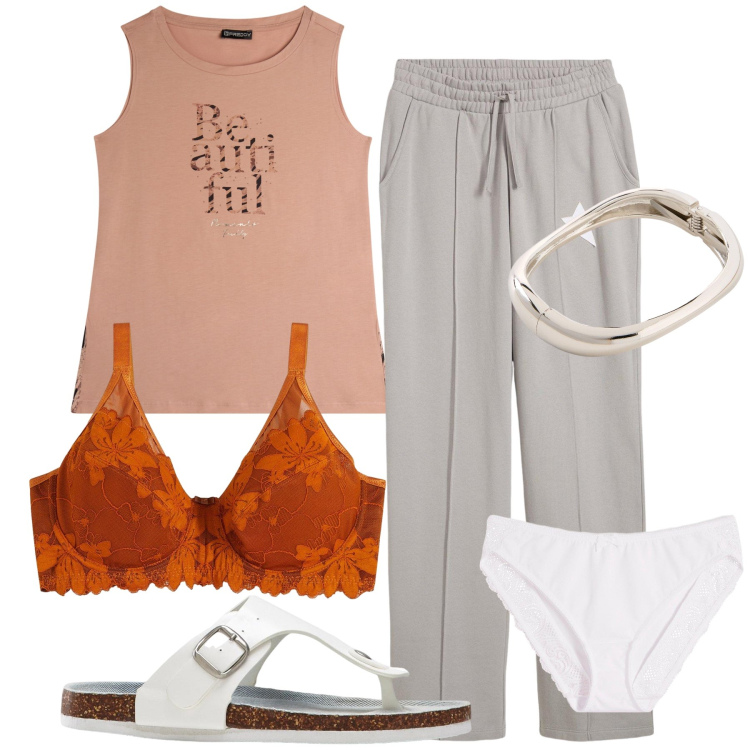 Outfit donna - Beautiful at home. Stile Basic per Tutti i giorni. Abbinamento con infradito, braccialetti, culotte, reggiseni, pantaloni, canottiere.