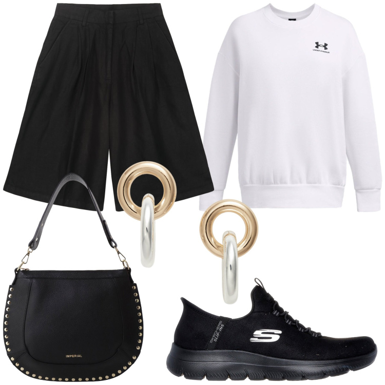 Outfit donna - Basica. Stile Minimal per Tutti i giorni. Abbinamento con borse a spalla, orecchini, felpe, bermuda, sneakers.