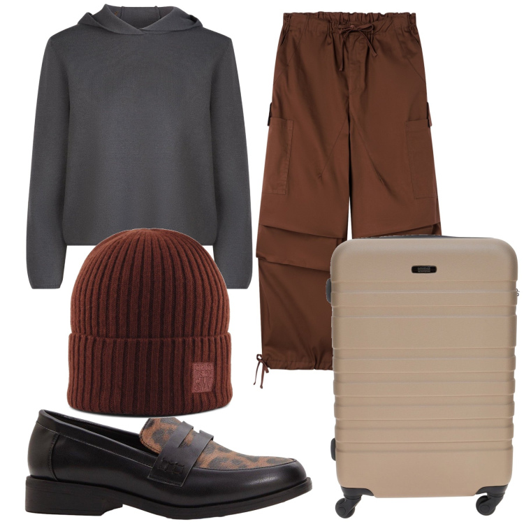 Outfit donna - Verso l imbarco. Stile Basic per Tutti i giorni. Abbinamento con mocassini, pantaloni cargo, berretti, maglieria, valigie.