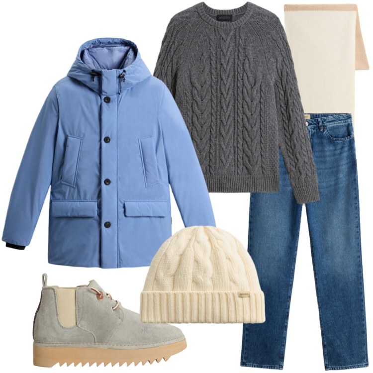 Outfit donna - Woolrich Black Friday. Stile Casual chic per Tutti i giorni. Abbinamento con stivaletti, sciarpe, maglieria, berretti, parka, jeans.