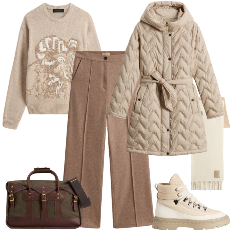 Outfit donna - Woolrich - Black Friday. Stile Casual chic per Tutti i giorni. Abbinamento con pantaloni, parka, anfibi, sciarpe, borse a tracolla, maglieria.