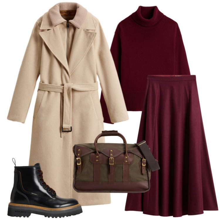Outfit donna - Woolrich total look. Stile Casual per Tutti i giorni. Abbinamento con borse a tracolla, anfibi, maglieria, gonne lunghe, cappotti.
