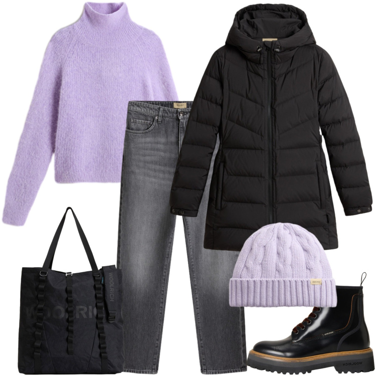 Outfit donna - Woolrich - Black Friday. Stile Casual chic per Tutti i giorni. Abbinamento con borse tote, jeans, anfibi, berretti, maglieria, piumini.