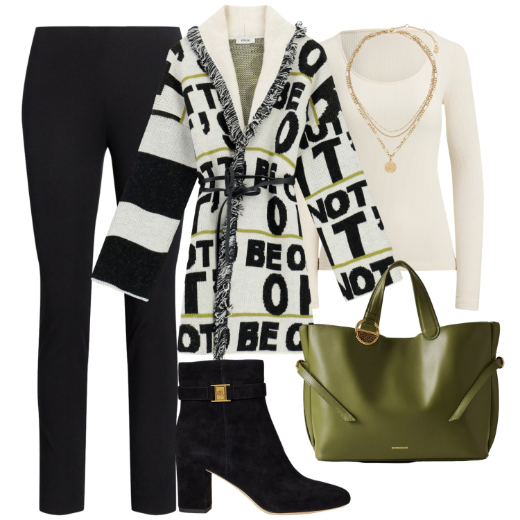 Outfit donna - Novembre. Stile Casual chic per Tutti i giorni. Abbinamento con shopping bag, cardigans, pantaloni skinny, t-shirt, stivaletti, ciondoli.