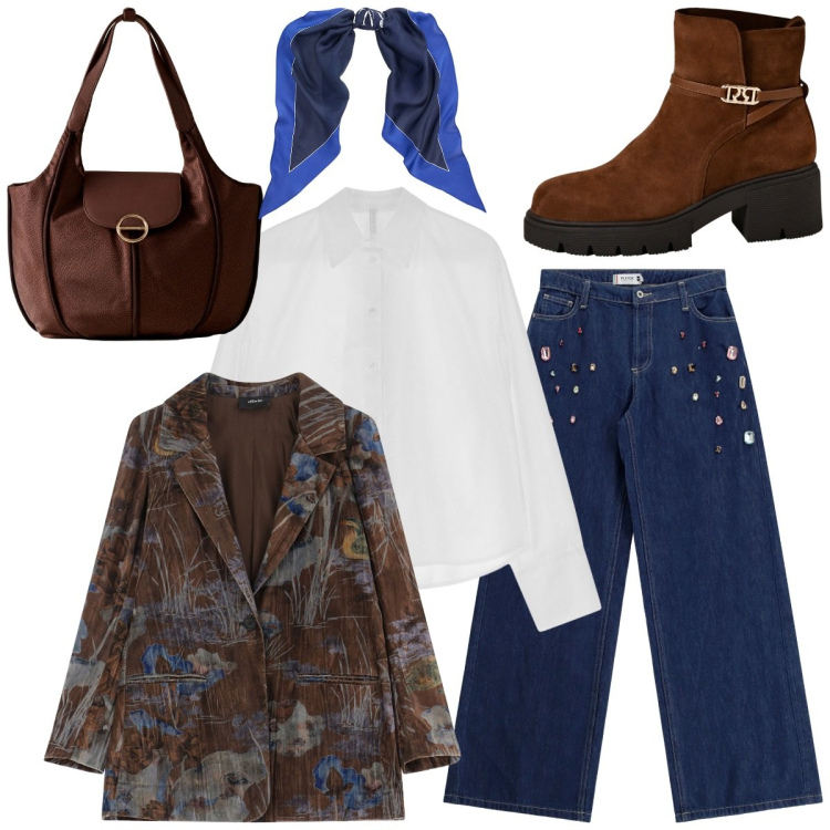 Outfit donna - Stile casual per fare shopping. Stile Casual per Tutti i giorni. Abbinamento con jeans, stivaletti, camicie, shopping bag, blazer, foulard.