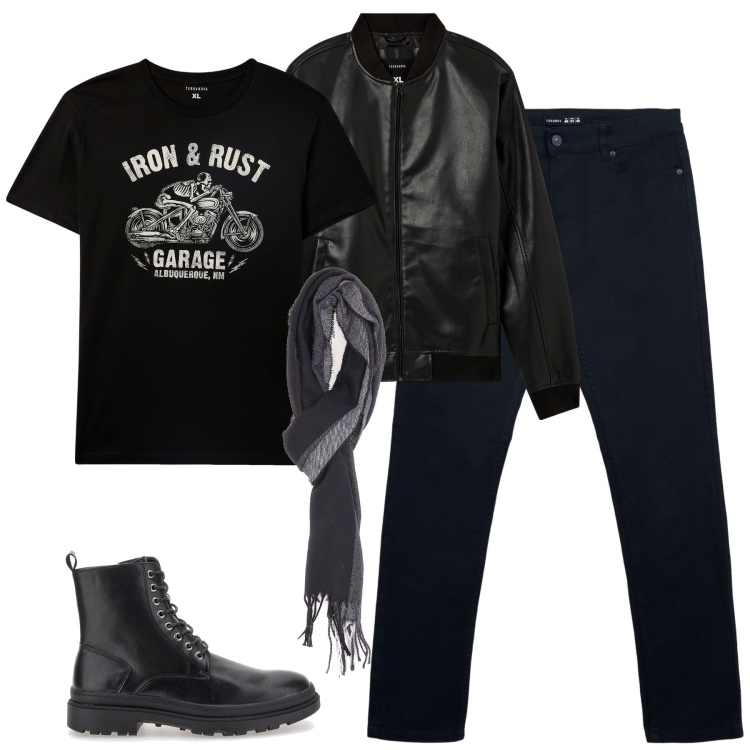 Outfit uomo - Venerdì pub. Stile Casual per Serata speciale. Abbinamento con bomber, t-shirt, pantaloni skinny, sciarpe, anfibi.