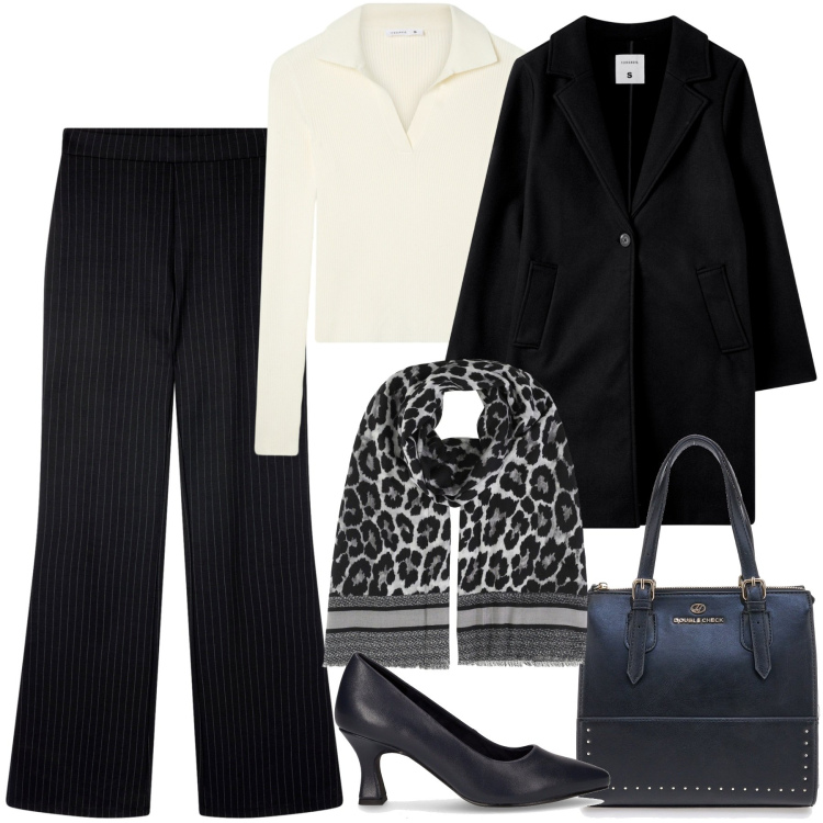 Outfit donna - I pantaloni gessati. Stile Bon Ton per Ufficio. Abbinamento con foulard, pantaloni, maglieria, cappotti, borse a mano, décolleté.