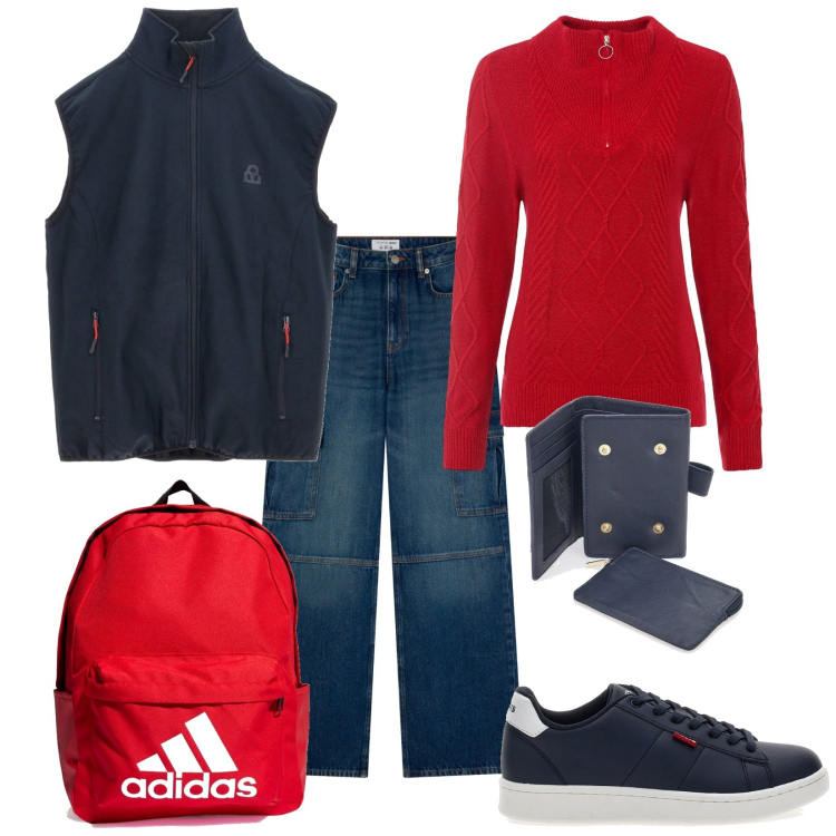 Outfit donna - Urban. Stile Urban per Tutti i giorni. Abbinamento con maglieria, jeans, sneakers, borse sportive, portafogli, gilet.