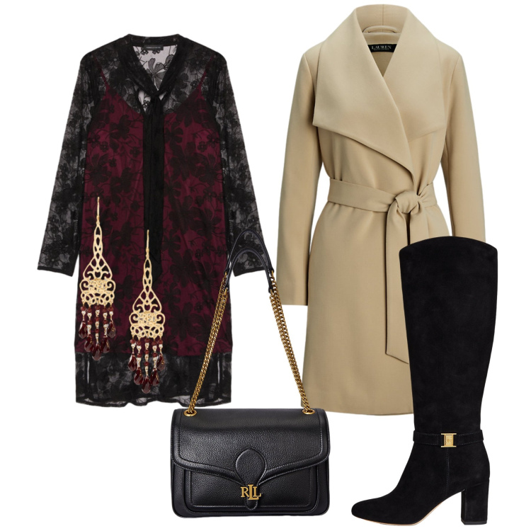 Outfit donna - Total look #2284400. Stile Bon Ton per Serata fuori. Abbinamento con borse a spalla, orecchini, stivali, cappotti, vestiti corti.