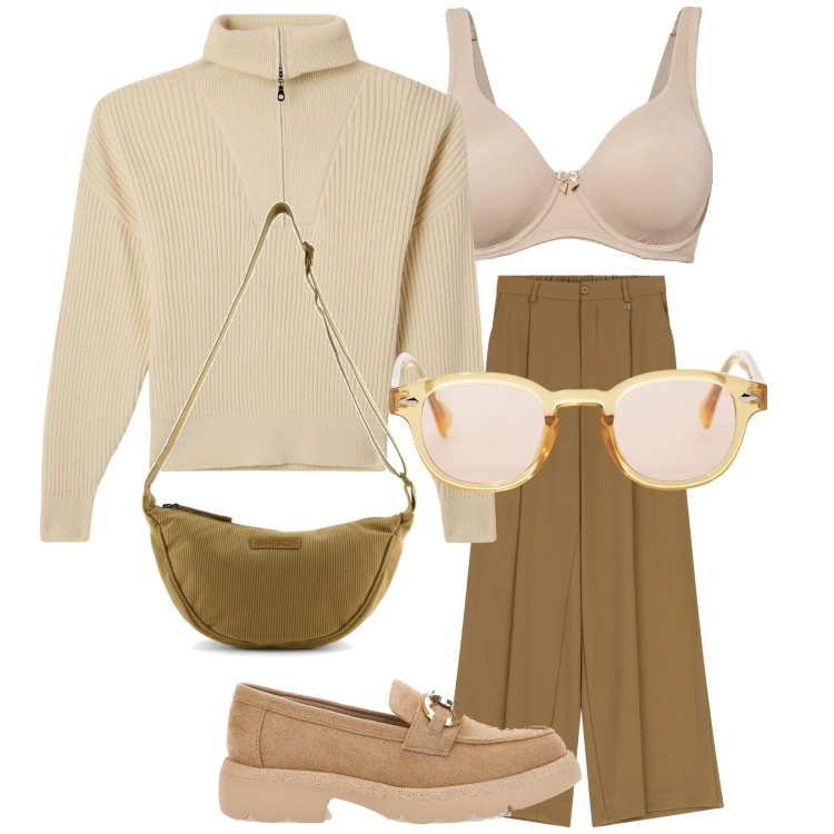 Outfit donna - Maglia avorio. Stile Casual per Tutti i giorni. Abbinamento con reggiseni, maglieria, occhiali da sole, pantaloni a palazzo, mocassini, borse a tracolla.