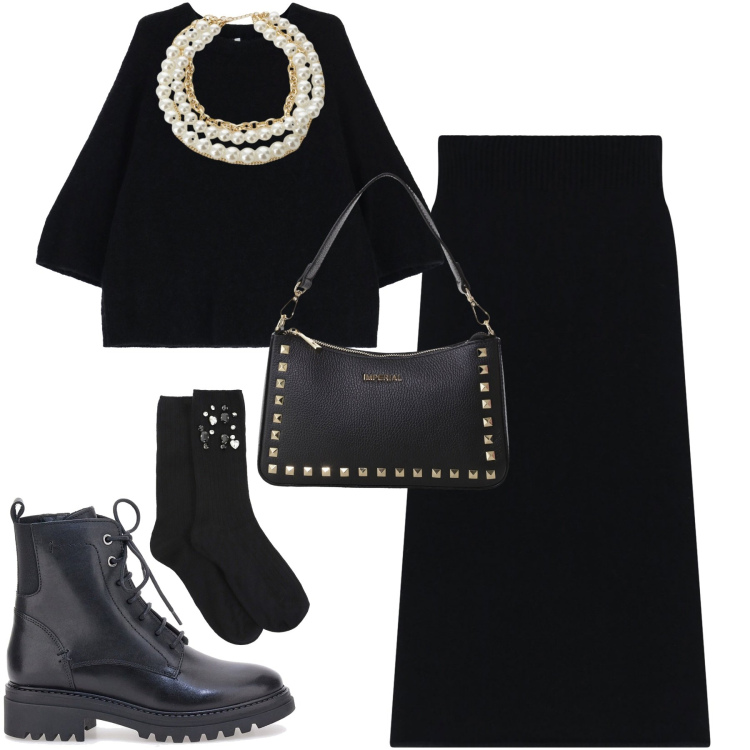 Outfit donna - Gli anfibi con la gonna lunga. Stile Urban per Tutti i giorni. Abbinamento con gonne lunghe, pochette, maglieria, collane, calzini, anfibi.