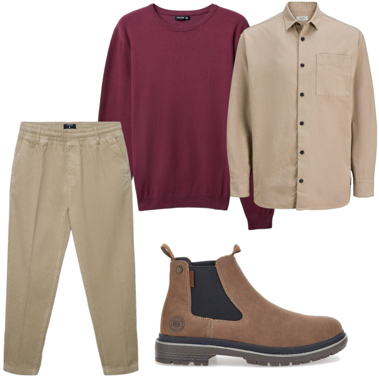 Outfit uomo - Amante del classico. Stile Casual per Ufficio. Abbinamento con camicie, pantaloni, maglieria, stivali e stivaletti.