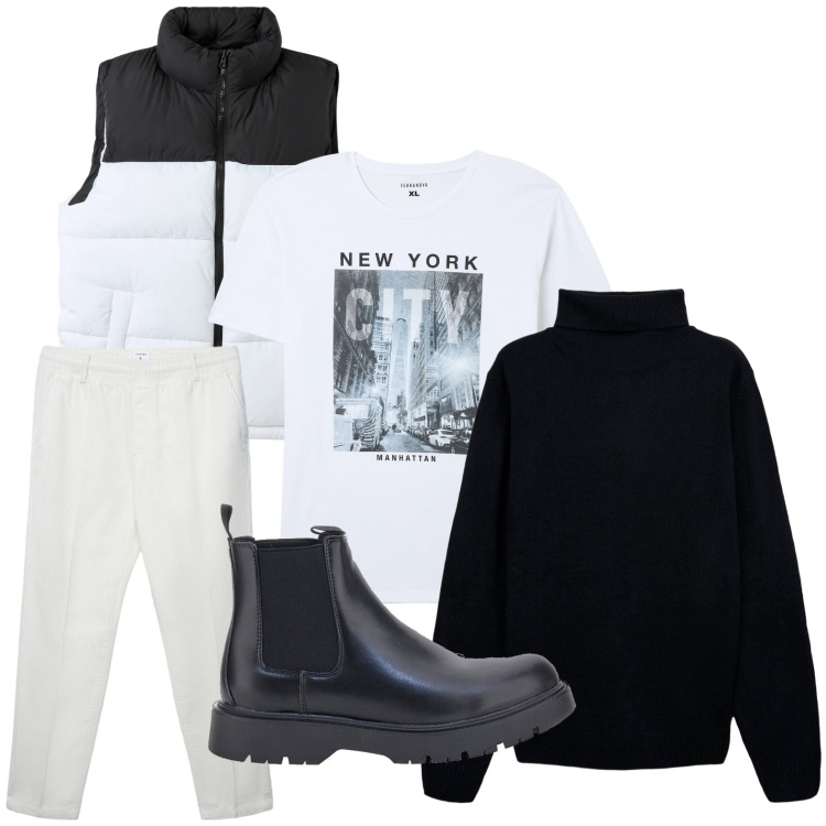 Outfit uomo - Esplorare la moda. Stile Trendy per Tutti i giorni. Abbinamento con t-shirt, piumini, maglieria, pantaloni, stivali e stivaletti.