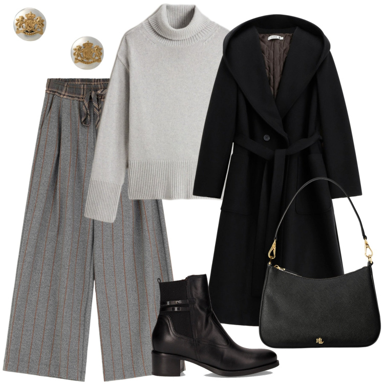 Outfit donna - Lines of Style. Stile Urban per Ufficio. Abbinamento con cappotti, pantaloni a palazzo, borse a spalla, orecchini, maglieria, stivaletti.