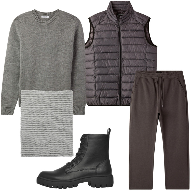 Outfit uomo - Look espressivo. Stile Casual per Tutti i giorni. Abbinamento con maglieria, anfibi, piumini, pantaloni, scaldacollo.