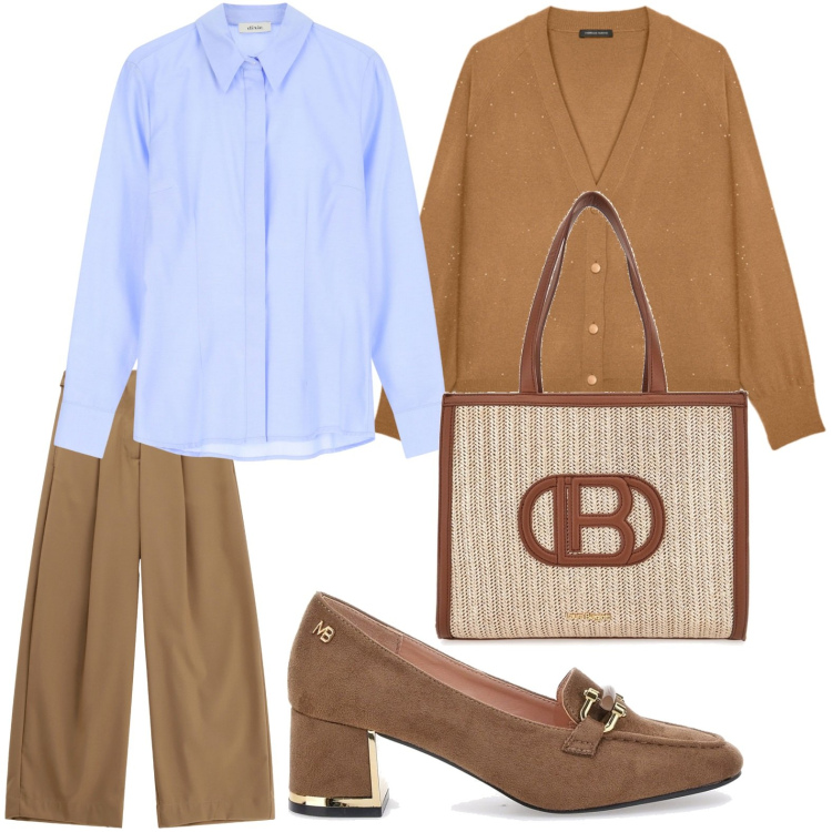 Outfit donna - Décolleté alla moda. Stile Minimal per Ufficio. Abbinamento con camicie, pantaloni a palazzo, mocassini, borse a spalla, cardigans.