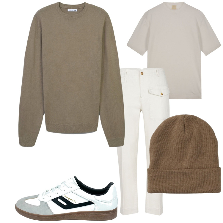 Outfit uomo - Total look #2284413. Stile Trendy per Tutti i giorni. Abbinamento con berretti, maglieria, pantaloni, t-shirt, sneakers.