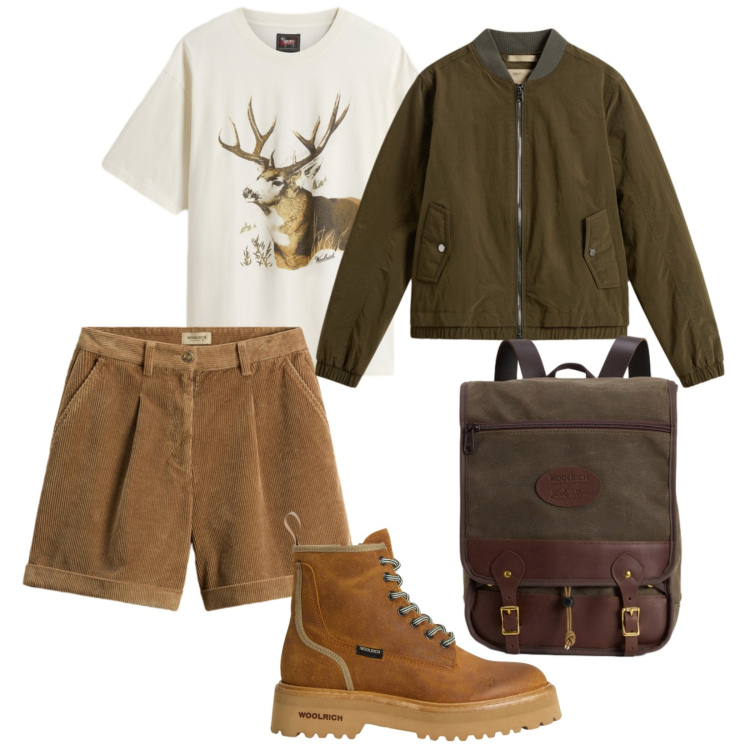 Outfit donna - a funghi. per Tutti i giorni. Abbinamento con anfibi, zaini, t-shirt, pantaloni corti, bomber.