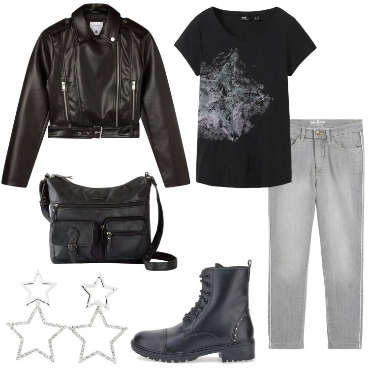 Outfit donna - Rock urban. Stile Casual per Serata fuori. Abbinamento con borse a tracolla, jeans skinny, t-shirt, orecchini, giacche, anfibi.