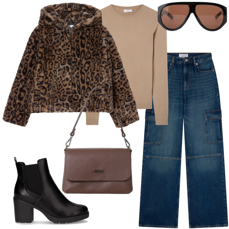 Outfit donna - Animalier. Stile Urban per Tutti i giorni. Abbinamento con maglieria, jeans, ecopellicce, occhiali da sole, borse a tracolla, stivaletti chelsea.