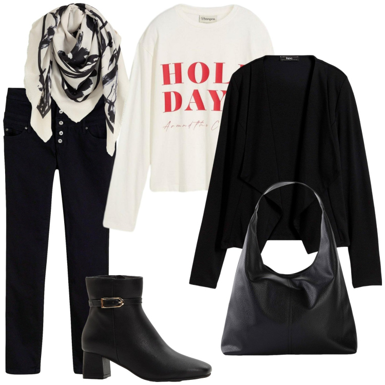 Outfit donna - Bonprix. Stile Trendy per Tutti i giorni. Abbinamento con blazer, pantaloni skinny, foulard, shopping bag, maglieria, stivaletti.