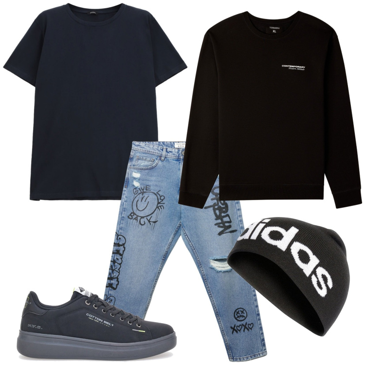 Outfit uomo - Total look #2284421. Stile Urban per Tutti i giorni. Abbinamento con jeans strappati, felpe, t-shirt, berretti, sneakers.