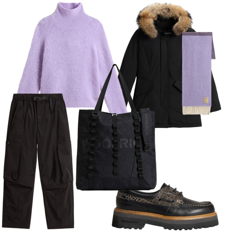 Outfit donna - Sciarpa viola. per Scuola/Università. Abbinamento con borse tote, mocassini, sciarpe, pantaloni cargo, maglieria, parka.