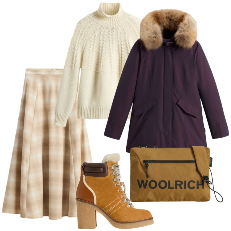 Outfit donna - In ufficio così. per Ufficio. Abbinamento con parka, borse a tracolla, stivaletti, maglieria, gonne lunghe.