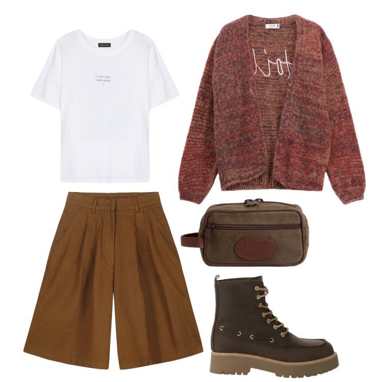 Outfit donna - Passeggiata. Stile Casual chic per Tutti i giorni. Abbinamento con cardigans, stivaletti, valigie, bermuda, t-shirt.