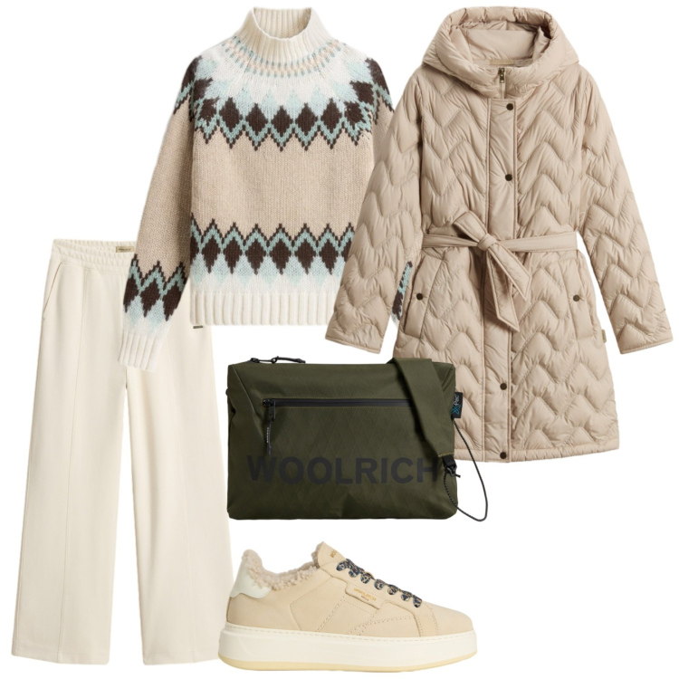 Outfit donna - Una cioccolata calda. per Tutti i giorni. Abbinamento con pantaloni, borse a tracolla, sneakers, maglieria, parka.