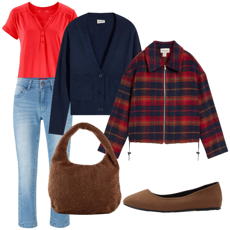 Outfit donna - Bonprix layering. Stile Trendy per Tutti i giorni. Abbinamento con jeans, shopping bag, maglieria, cardigans, blazer, ballerine.