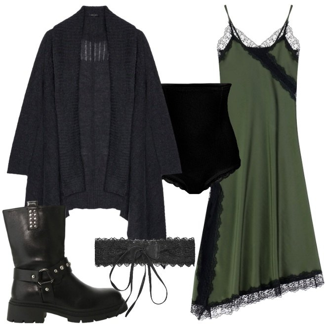 Outfit donna - Abito sottoveste con anfibi. Stile Casual chic per Serata fuori. Abbinamento con culotte, cinture, vestiti asimmetrici, stivali, cardigans.