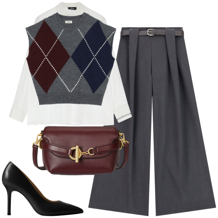 Outfit donna - In ufficio il venerdì. Stile Trendy per Ufficio. Abbinamento con pantaloni, camicie, gilet, borse a tracolla, décolleté.