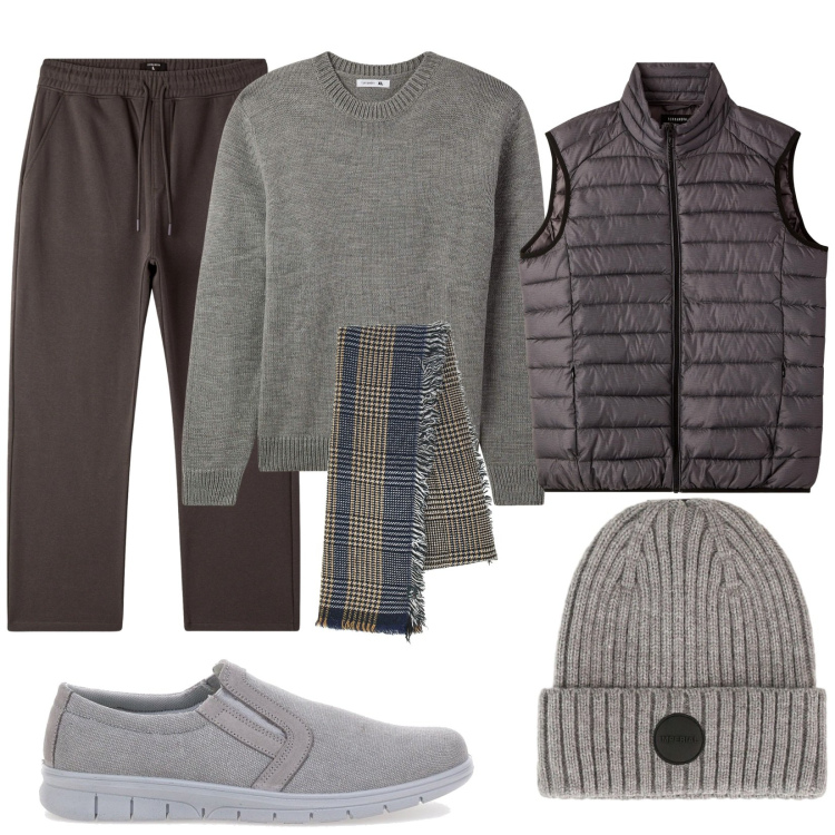 Outfit uomo - Grigio sportychic. Stile Trendy per Tutti i giorni. Abbinamento con maglieria, piumini, pantaloni, cappelli, sciarpe, sneakers.