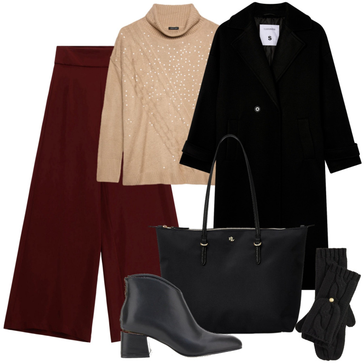 Outfit donna - I pantaloni a gamba larga. Stile Urban per Tutti i giorni. Abbinamento con pantaloni a palazzo, cappotti, borse tote, guanti, stivaletti, maglieria.