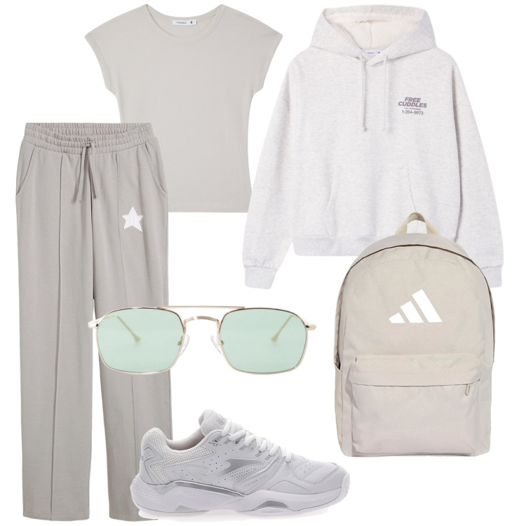 Outfit donna - Comodaaaa. Stile Sporty chic per Tutti i giorni. Abbinamento con pantaloni, t-shirt, felpe con cappuccio, occhiali da sole, scarpe sportive, borse sportive.
