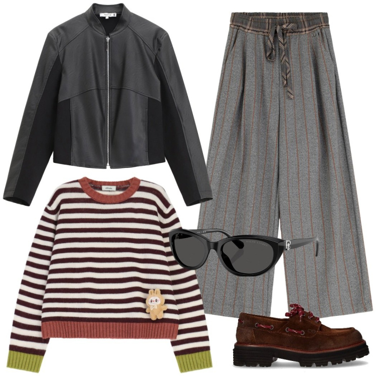 Outfit donna - Viva le righe. Stile Casual chic per Tutti i giorni. Abbinamento con blazer, pantaloni a palazzo, maglieria, occhiali da sole, mocassini.