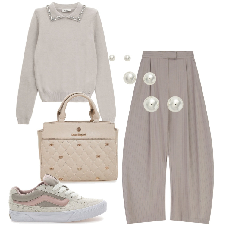 Outfit donna - Gessato bonton. Stile Bon Ton per Ufficio. Abbinamento con pantaloni a palazzo, maglieria, orecchini, sneakers, borse a mano.