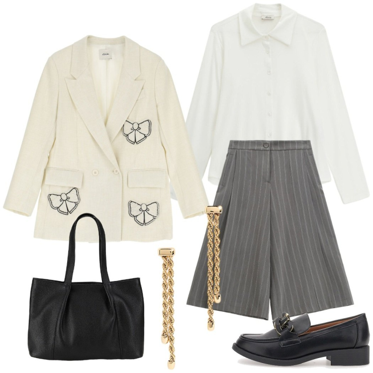 Outfit donna - Lines of style. Stile Chic per Ufficio. Abbinamento con shopping bag, pantaloni, blazer, camicie, orecchini, mocassini.