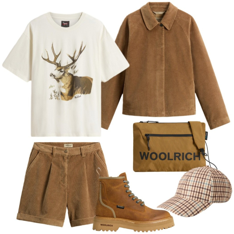 Outfit donna - Woolrich Total look. Stile Casual chic per Tutti i giorni. Abbinamento con anfibi, pantaloni corti, borse a tracolla, cappelli, t-shirt, cappotti.