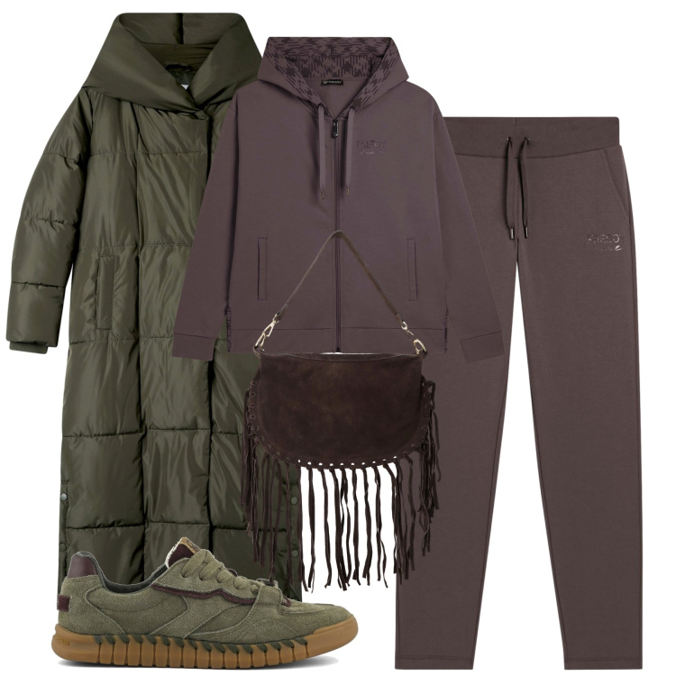 Outfit donna - Novembre. Stile Casual per Tutti i giorni. Abbinamento con cappotti, pantaloni, felpe con cappuccio, borse a tracolla, sneakers.