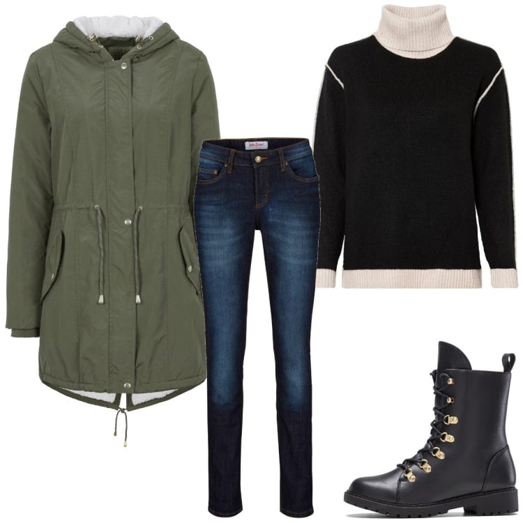 Outfit femme - Basique #6137. Style Basique pour Tous les jours. Assortir avec parka, pulls, jean skinny, bottines.