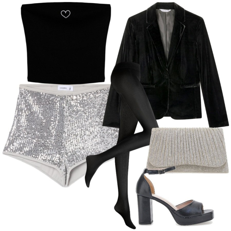Outfit donna - Serata paillettes. Stile Glamour per Serata fuori. Abbinamento con collant, shorts, top, blazer, décolleté, clutch.