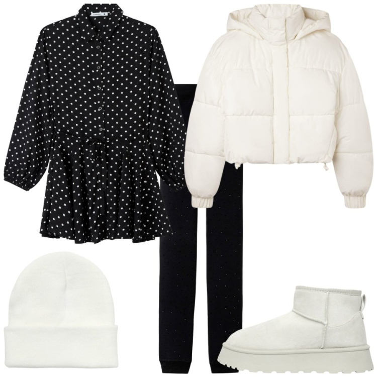 Outfit donna - Inizia il freddo. Stile Minimal per Scuola/Università. Abbinamento con vestiti chemisier, leggings, berretti, bomber, stivaletti.